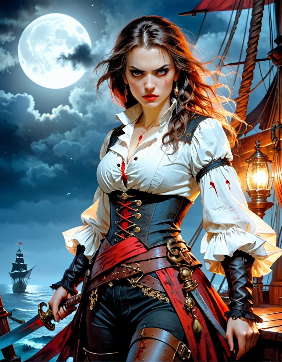 a portrait of a woman vampire pirate queen on a pirate ship ready for battle, ((full body: 1.5)), ((anatomically correct: 1.5)), (ultra detailed face: 1.2), looking tense, looking dangerous,  dynamic eye color, glowing eyes, dynamic hair color, dynamic hair style dynamic skin complexion, wearing 18th century white button shirt, with ((stains of blood: 1.3)), busty , wearing  wearing high heeled boots, it is night time at sea, moon is high, some clouds,18th century pirate ship background,  vibrant, Ultra-high resolution, High Contrast, (masterpiece:1.5), highest quality, Best aesthetics), best details, best quality, highres, 16k, (ultra detailed: 1.5), masterpiece, best quality, (extremely detailed) RAW, (ultra details, Masterpiece, best quality), Hyperrealism style, holding sword, Intense gaze, holding sword rapier, vampire teeth, BloodSoakedAI, holding sword, Dark Art Painting Style