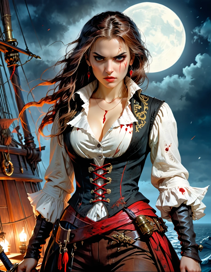 a portrait of a woman vampire pirate queen on a pirate ship ready for battle, ((full body: 1.5)), ((anatomically correct: 1.5)), (ultra detailed face: 1.2), looking tense, looking dangerous,  dynamic eye color, glowing eyes, dynamic hair color, dynamic hair style dynamic skin complexion, wearing 18th century white button shirt, with ((stains of blood: 1.3)), busty , wearing  wearing high heeled boots, it is night time at sea, moon is high, some clouds,18th century pirate ship background,  vibrant, Ultra-high resolution, High Contrast, (masterpiece:1.5), highest quality, Best aesthetics), best details, best quality, highres, 16k, (ultra detailed: 1.5), masterpiece, best quality, (extremely detailed) RAW, (ultra details, Masterpiece, best quality), Hyperrealism style, holding sword, Intense gaze, holding sword rapier, vampire teeth, BloodSoakedAI, holding sword, Dark Art Painting Style