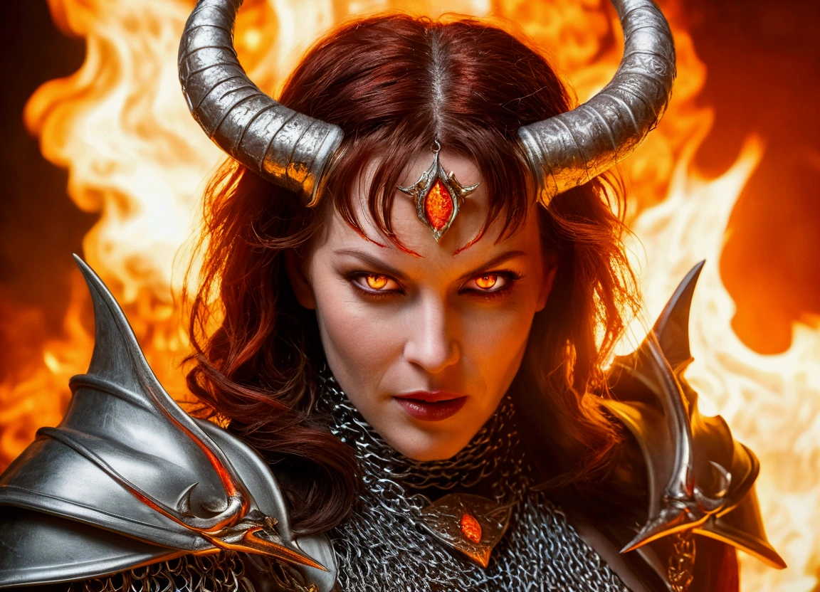 (Beautiful mature female (perfect face) demon), (Milla Jovovich:0.3), horns, tail, joyful, pale skin, (chain mail bikin), wreathed in fire, (fiery eyes:1.5), fit athletic body, temptation, taking your soul, hellscape background, tortured souls, hordes of hell in the distance, (masterpiece), (photorealistic:1.4), RAW photo, best quality, high res, rich colors, backlight, bright sunlight, cinematic lighting, film grain, raw photo, 50mm lens, Nikon D850, warm colors, sweaty