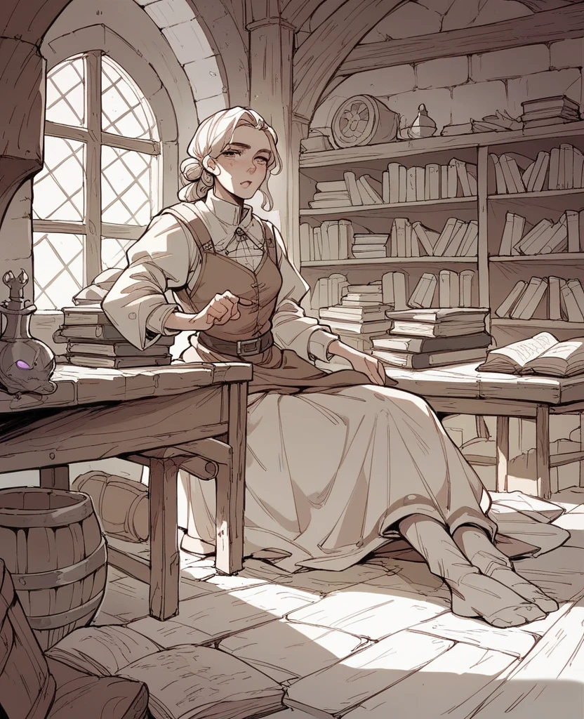 I want an image of an intellectual ghost in a medieval library, rpg, medieval