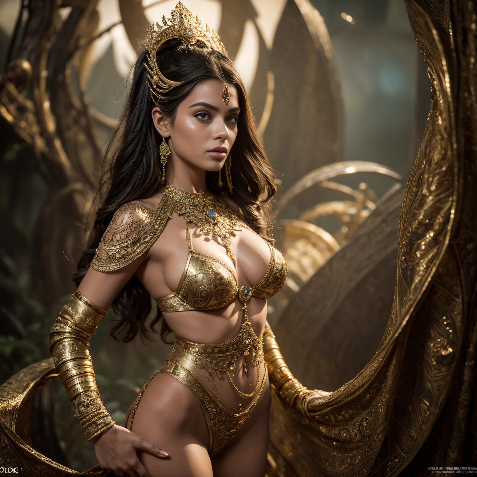naked Telluric Goddess,perfect breasts, thin waist, round hips, Epic composition, photo, photography, extreme details, highly detailed, 8k, intricate, elegant, fantasy, cinematic lighting, whimsical, fantasy, photographic, realism pushed to extreme, fine texture, photorealistic, Fujifilm XT3, Ultra Realistic, High quality, Highly detailed, trending on artstation, intricate detailed background, From the depths of mythology and folklore, a Theyyam character of Kerala in India comes to life, its intricate body paint and ornate costume a testament to the rich cultural heritage of India, Shot on a Hasselblad high format camera with a 100mm lens. Unmistakable to a photograph. Cinematic lighting. 4k, 8k, 16k, full ultra hd, high resolution and cinematic photography 3:2 --v 5 --upbeta --v 5 --Screen Space Reflections --Diffraction Grading --Chromatic Aberration --GB Displacement --Scan Lines --Ambient Occlusion --Anti-Aliasing FKAA --TXAA --RTX --SSAO --OpenGL-Shader’s --Post Processing --Post-Production --Cell Shading --Tone Mapping --CGI --VFX --SFX --insanely detailed and intricate --hyper maximalist --elegant --dynamic pose --photography --volumetric --ultra-detailed --intricate details --super detailed --ambient –uplight, Naked woman dynamic pose, in transparent gold metal jewelry on whole body, by Dan Piraro, nude, long black hairs, (but extremely beautiful:1.4), large breasts, slim figure, wide hips, (intricate details, masterpiece, best quality:1.4) , in the style of nicola samori, silhouette contrast, Retro-futuristism, vintage sci fi, 50s and 60s style, atomic age, vibrant, highly detailed, retro futurism, dynamic pose, looking at viewer, futuristic steampunk background