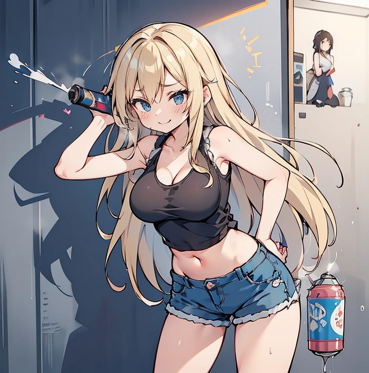 Anime Kawaii sexy Perfect Slim sensual body large breast and huge thighs, An intricate and highly detailed illustration of anime (Young girl) 最high qualiy、best quality image、work of art、adolescent((18-years old、 Becoming、vest bust、medium bust,wide open breast tea、Black eye, hair blonde、Usual hair、long hair、fine tune,higher valley、black tank top with navel、blue shorts、Holding a spray can、smug face、leaning forward)),high qualiy、linda arte、fund((Shining city、wand、graffit、paint))debris flies、Written limit depth、film、visual artwork、Perfect artwork、8k,genuine