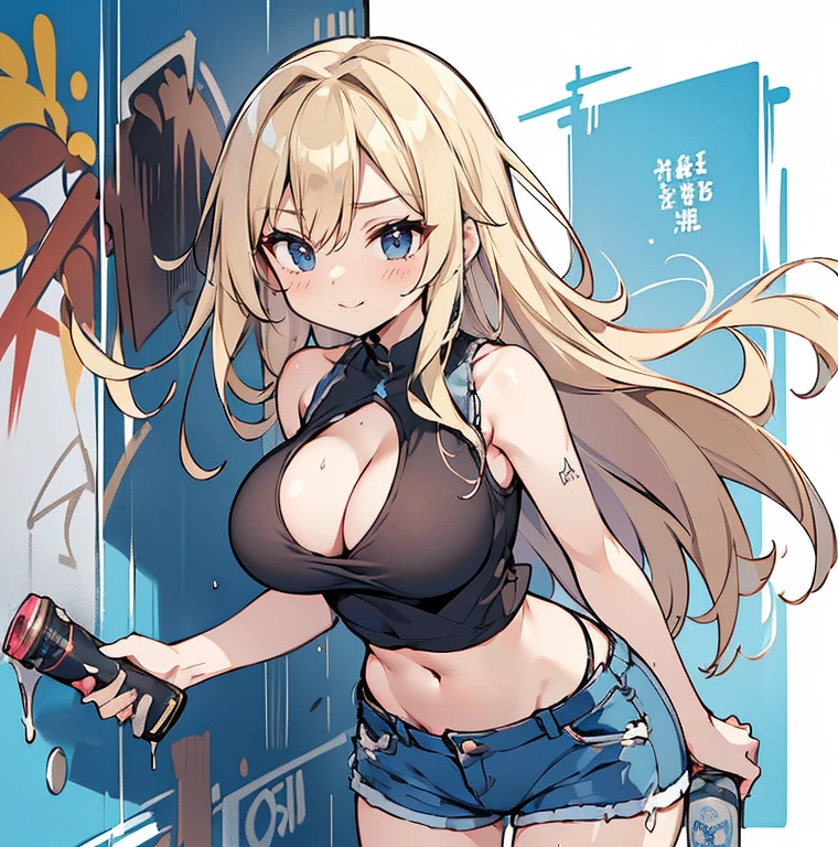 Anime Kawaii sexy Perfect Slim sensual body large breast and huge thighs, An intricate and highly detailed illustration of anime (Young girl) 最high qualiy、best quality image、work of art、adolescent((18-years old、 Becoming、vest bust、medium bust,wide open breast tea、Black eye, hair blonde、Usual hair、long hair、fine tune,higher valley、black tank top with navel、blue shorts、Holding a spray can、smug face、leaning forward)),high qualiy、linda arte、fund((Shining city、wand、graffit、paint))debris flies、Written limit depth、film、visual artwork、Perfect artwork、8k,genuine