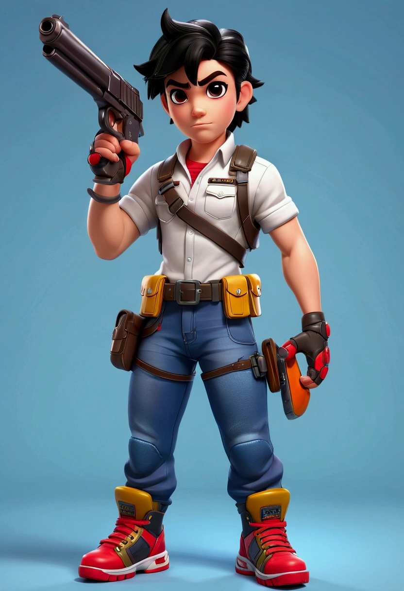 (((masterpiece))),(((highest quality))),(((16k))), Neutral background, Realistic light, (((cartoon))), stylized, (((3d visual))), Vibrant Colors, saturated, (Specialist shooter), fighter, pilot helmet, reflexive tech glass, ((big plastic colored pistol)), jeans pants, basic t-shirt, ((exagerated shoes:1.4)), ((Protective Gear knee colored:1.4)), arm lace, holster, legs holster, kids watch, gloves, standing pose, big belt, slingshot, ((young face)), ((exagerated big shoes:1.4)), black hair, ((Teenage body1.4)), standing pose, turn around character, holster on pants