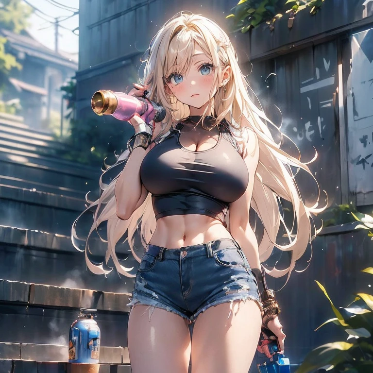 Anime Kawaii sexy Perfect Slim sensual body large breast and huge thighs, An intricate and highly detailed illustration of anime (Young girl) 最high qualiy、best quality image、work of art、adolescent((18-years old、 Becoming、vest bust、medium bust,wide open breast tea、Black eye, hair blonde、Usual hair、long hair、fine tune,higher valley、black tank top with navel、blue shorts、Holding a spray can、smug face、leaning forward)),high qualiy、linda arte、fund((Shining city、wand、graffit、paint))debris flies、Written limit depth、film、visual artwork、Perfect artwork、8k,genuine