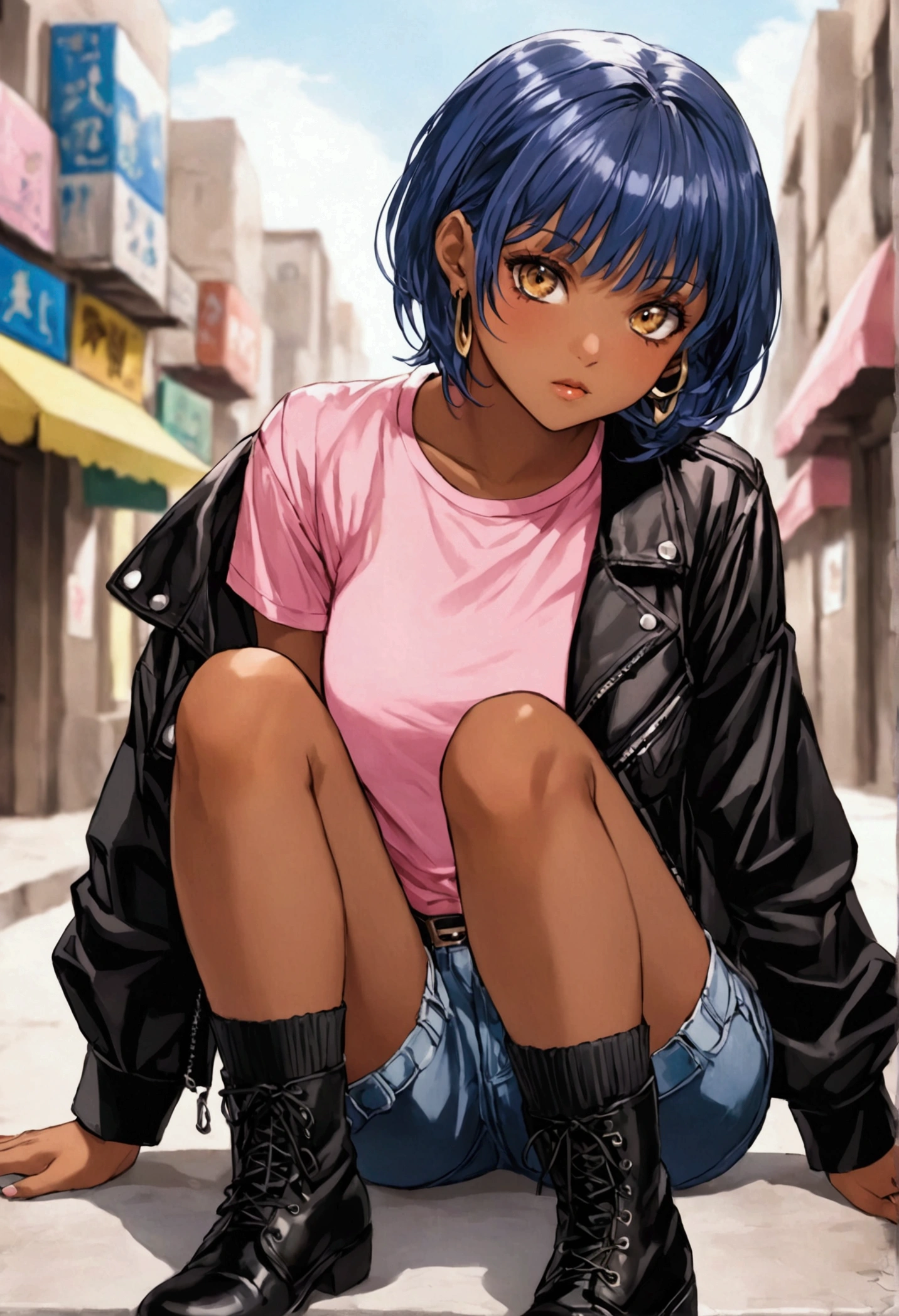 female human adult, dark skinned female, latina, short blue hair with bangs, golden eyes, wearing a pink shirt, denim shorts, black ankle boots, black stockings, also wearing a black jacket with purple lines on the sleeves. light blurred background. manga styke