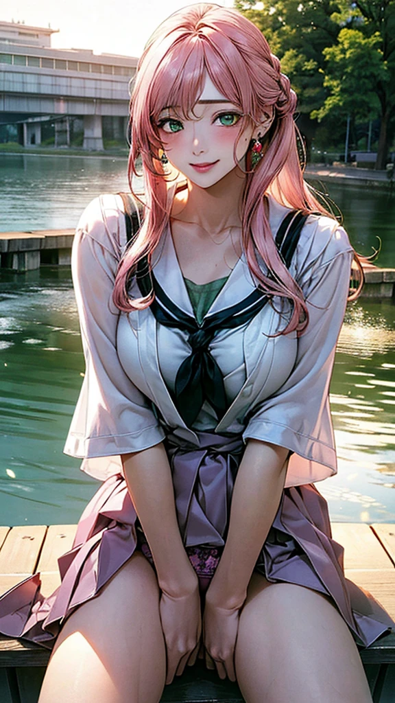 (masterpiece:1.2, Highest quality), (Realistic, photoRealistic:1.4), Beautiful illustrations, (Natural Side Lighting, Cinema Lighting),
View your viewers, Cowboy Shot, Front view:0.6, 1 girl, Japanese, high school girl, Perfect Face, Cute and symmetrical face, Glowing Skin,
(Long Hair:1.8, Straight hair:1.7, Light pink hair), Parted bangs, Emerald green eyes, Long eyelashes, (Large Breasts:0.9, Thick thighs),
Beautiful Hair, Beautiful Face, Beautiful attention to detail, Beautiful clavicle, Beautiful body, Beautiful breasts, Beautiful thighs, Beautiful feet, Beautiful fingers,
, hoop ring earrings, Pink Panties,
(Beautiful views), evening, River side, (Cute smile,),Spread your legs wide、Panties visible from under the skirt、(四つん這い、濡れた服、スカートめくり)