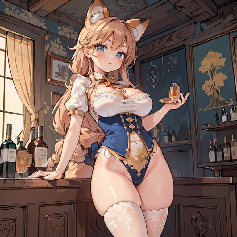 Anime Kawaii sexy Perfect Slim sensual body large breast and huge thighs, An intricate and highly detailed illustration of anime (Young girl) (((work of art))), (((highest quallity))), ((ultra detali)), ((super fine illustration)), ((ultra-fine painting)), (Papel de parede da highest quallity 16K:1.4), (trunk:1.6), HDR, (highy detailed and delicate illustration style:1.8), Detailed texture skin, detailed cloth texture, extremely detailed description, (Masterpiece T), (highy detailed face:1.4), (highy detailed red fox ears:1.2), (highy detailed (golden brown:1.4) Braid:1.2), (highy detailed blue eyes:1.2), original, CRU photo, proffesional, details Intricate, super details, (Perfect Anatomia:1.4), (highy detailed hands:1.2), (highy detailed fingers:1.2), (highy detailed fingertips:1.2), (27 year old), (standing alone:1.6), ((A beautiful and attractive (red fox) Female model:1.4)) curb (Beautiful and adorable red fox ears:1.6), (highy detailed and delicate red fox ears:1.2), (Large, beautiful and well-shaped breasts:1.2), (Beautiful, well-shaped buttocks), (Beautiful and shiny (golden brown:1.25) Braid:1.6), (highy detailed and delicate (golden brown:1.4) Braid:1.2), (Beautiful, clear blue eyes:1.6), (highy detailed and delicate blue eyes:1.2), (highy detailed face:1.4), (ssmile:1.3), (blush:1.2), (looking ahead at viewer:1.4) curb (She is wearing a sophisticated black and white short-sleeved bartender uniform:1.4) curb ((A sophisticated BAR in the background:1.4), A drinks shelf filled with bottles of high-quality whiskey and cognac:1.4, bar counter:1.4) curb