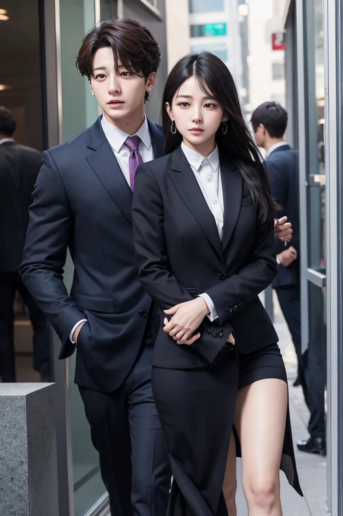 Jungkook in a suit next to a woman