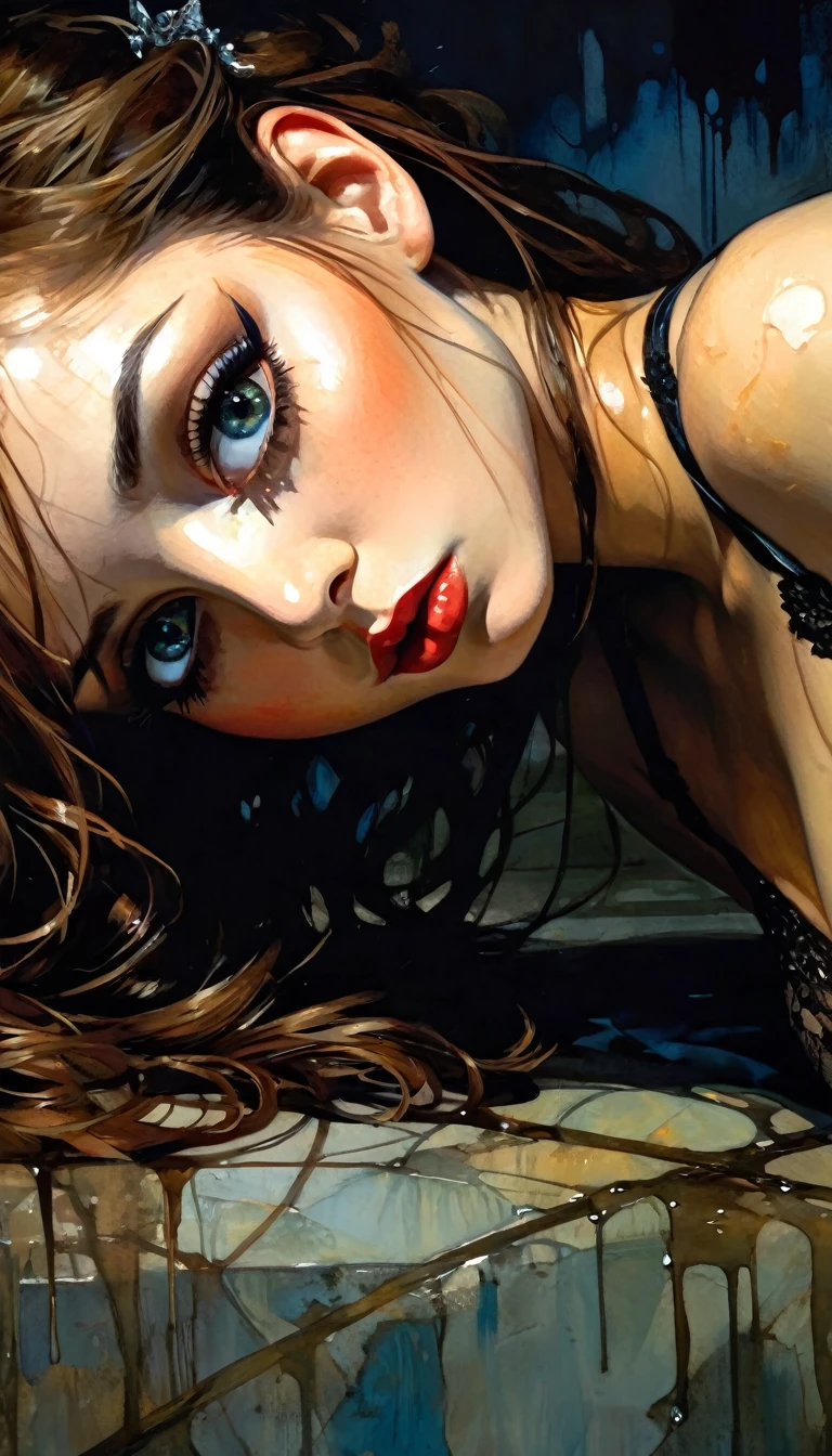 a sexy girl lying down, brown hair, blushing, hair ornament, sexy, sexy lingerie, cum, hetero, pussy, vaginal, sweat, sex, 1boy, penis, vaginal fluids, (best quality, masterpiece, ultra detailed, illustration 1.2), (8K wallpaper), (beautiful eyes detailed 1.2), beautiful, amazing and detailed eyes, (detailed skin) between shadows, oil painting, chiaroscuro, sensual, dramatic lighting, moody atmosphere, photorealistic, intricate details, masterpiece, ultra-detailed, high quality, 8k, best quality, realistic, cinematic, dark and brooding, expressionistic, powerful composition, emotional impact, Bill Sienkiewicz inspired art
