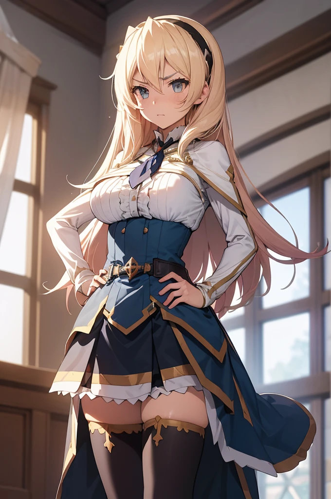 celestiara, 1girl, hairband, ascot, capelet, shirt, center frills, underbust, belt, pleated skirt, (tailcoat:1.3), black thighhighs, v-shaped eyebrows, castle, indoors hands on hips, window