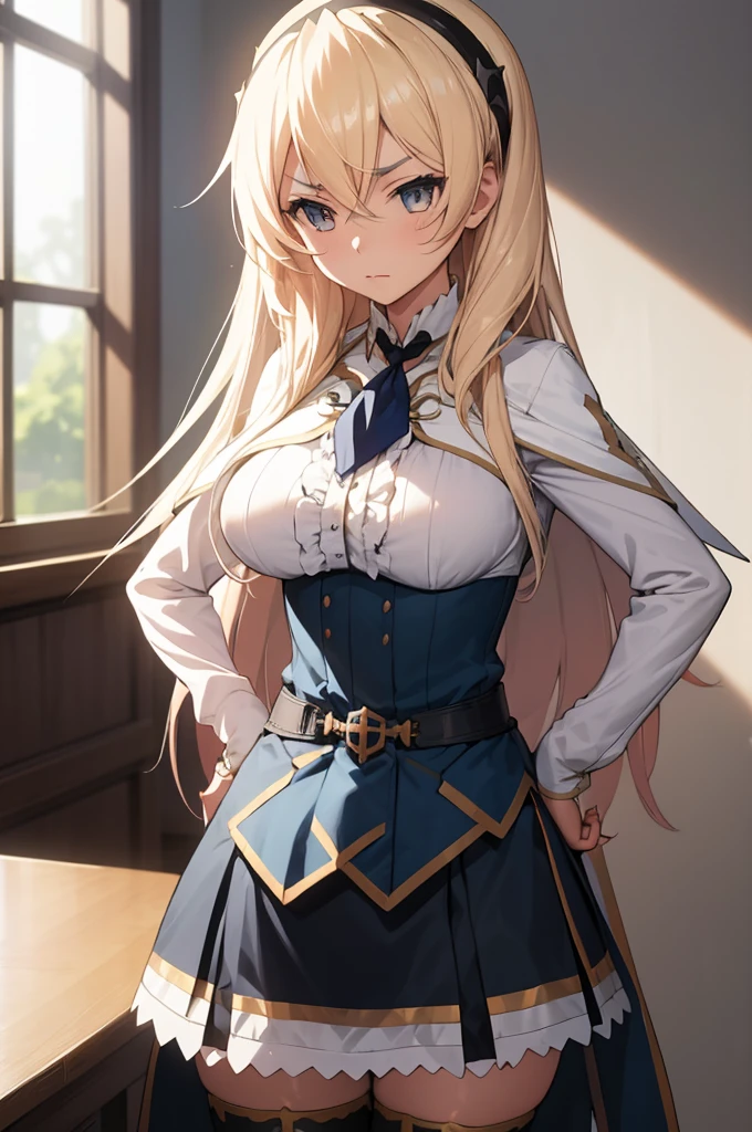 celestiara, 1girl, hairband, ascot, capelet, shirt, center frills, underbust, belt, pleated skirt, (tailcoat:1.3), black thighhighs, v-shaped eyebrows, castle, indoors hands on hips, window