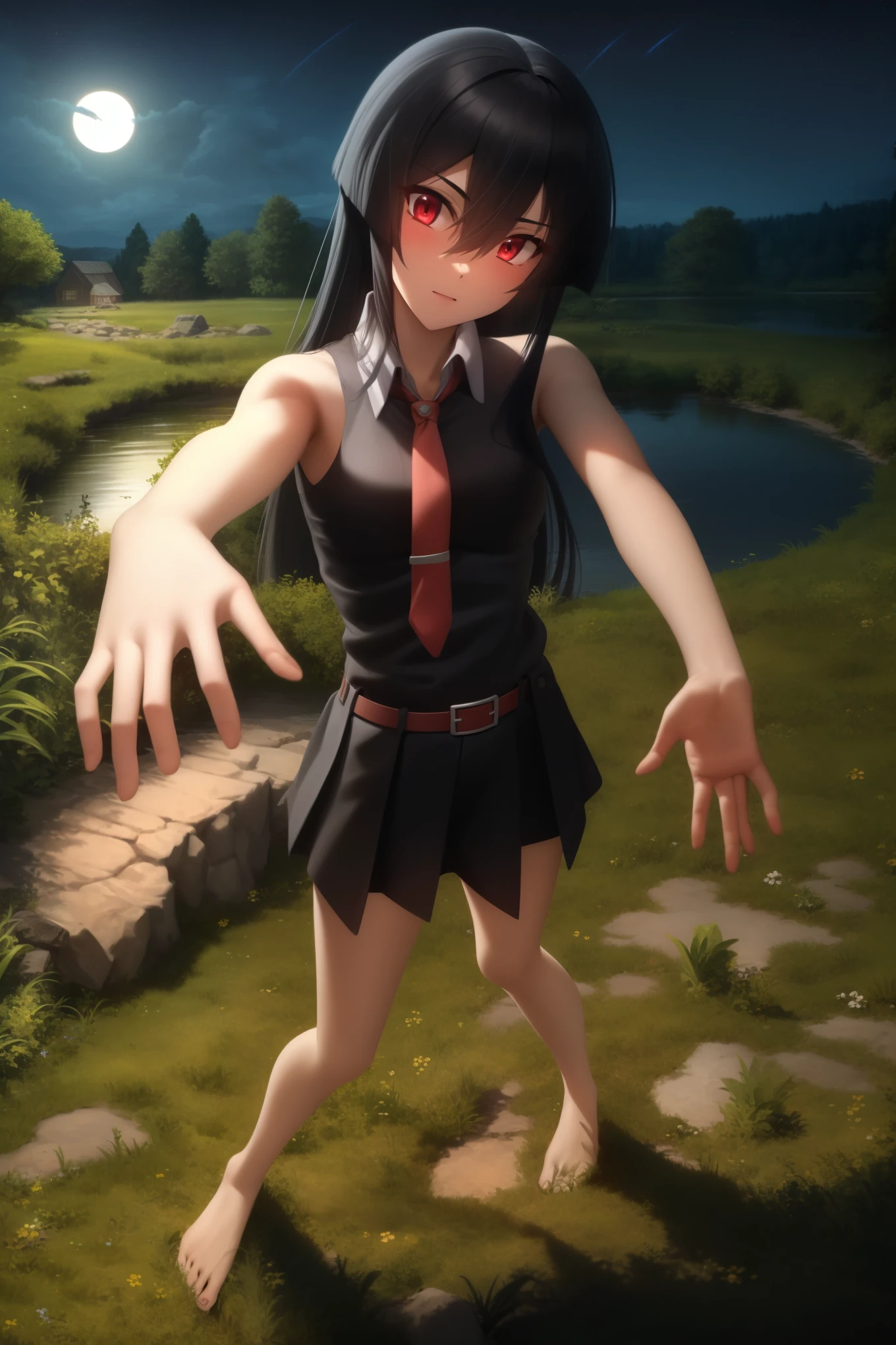 masterpiece, best quality, 1girl, akame (akame ga kill!), akame, long hair, black hair, red eyes, hair between eyes, skirt, dress, necktie, sleeveless, belt, shirt, black shirt, collared shirt, red necktie, black skirt, bare feet, standing, grass, lake, landscape, night sky, full moon, night light, backlighting, dark background