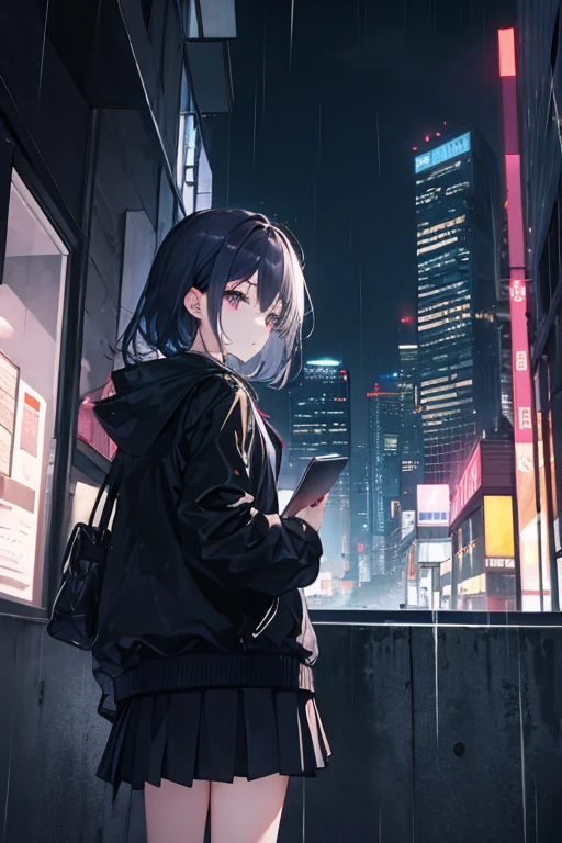 in the rain、Skyscraper rooftop、A high school girl wearing a black jacket、She is turning around with a black Macbook in her hand.、Time is night