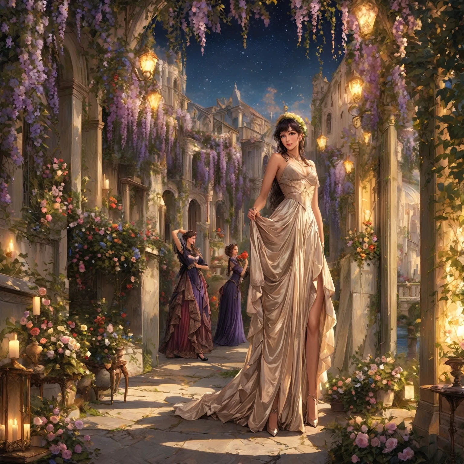 Arafed woman in a long dress and silk gloves walks through the garden, beautiful fantasy art, inspired Cynthia Sheppard, Magali Villeneuve, breathtaking fantasy art, very beautiful fantasy art, Fantasy Victorian art, вдохновленный Magali Villeneuve, Persephone in spring, Художник-график Magali Villeneuve, beautiful painting in fantasy style, by John La Gatta, Cynthia Sheppard