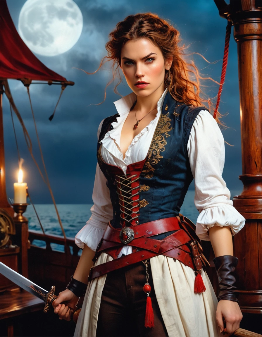 a portrait of a woman vampire pirate queen on a pirate ship ready for battle, ((full body: 1.5)), ((anatomically correct: 1.5)), (ultra detailed face: 1.2), looking tense, looking dangerous, dynamic eye color, glowing eyes, dynamic hair color, dynamic hair style dynamic skin complexion, wearing 18th century white button shirt, with ((stains of blood: 1.3)), busty , wearing wearing high heeled boots, it is night time at sea, moon is high, some clouds,18th century pirate ship background, vibrant, Ultra-high resolution, High Contrast, (masterpiece:1.5), highest quality, Best aesthetics), best details, best quality, highres, 16k, (ultra detailed: 1.5), masterpiece, best quality, (extremely detailed) RAW, (ultra details, Masterpiece, best quality), Hyperrealism style, holding sword, Intense gaze, holding sword rapier, vampire teeth, BloodSoakedAI, holding sword, Dark Art Painting Style