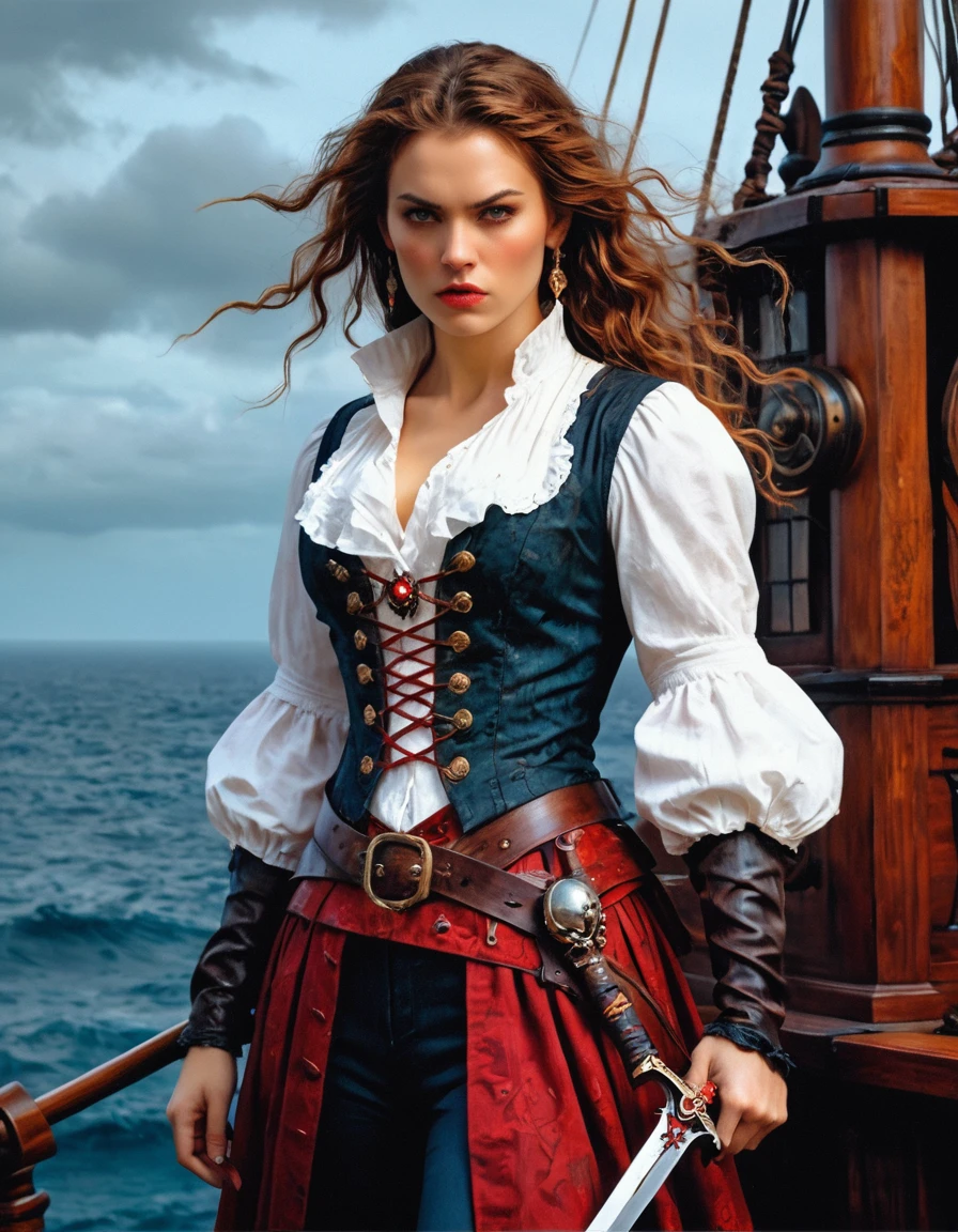 a portrait of a woman vampire pirate queen on a pirate ship ready for battle, ((full body: 1.5)), ((anatomically correct: 1.5)), (ultra detailed face: 1.2), looking tense, looking dangerous, dynamic eye color, glowing eyes, dynamic hair color, dynamic hair style dynamic skin complexion, wearing 18th century white button shirt, with ((stains of blood: 1.3)), busty , wearing wearing high heeled boots, it is night time at sea, moon is high, some clouds,18th century pirate ship background, vibrant, Ultra-high resolution, High Contrast, (masterpiece:1.5), highest quality, Best aesthetics), best details, best quality, highres, 16k, (ultra detailed: 1.5), masterpiece, best quality, (extremely detailed) RAW, (ultra details, Masterpiece, best quality), Hyperrealism style, holding sword, Intense gaze, holding sword rapier, vampire teeth, BloodSoakedAI, holding sword, Dark Art Painting Style