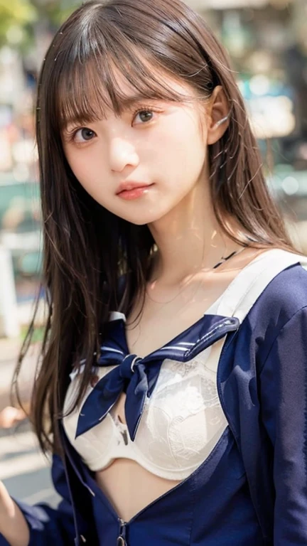 Highest quality, RAW Photos, Realistic, face, Incredibly ridiculously beautiful girl, cute, Long Hair, Depth of written border, High resolution, 超detailed, detailed, Very detaileded, extremely detaileded eye and face, Sharp pupils, Realistic student, Sharp focus, Cinema Lighting, Flat Chest, small breasts, small,( small bust: 1.2), The usual bust, (The usual), thin, Delicate and sexy collarbone, (Sailor suit:1.2), (Lifting Sailor suit to show off a small white bra:1.5)))、