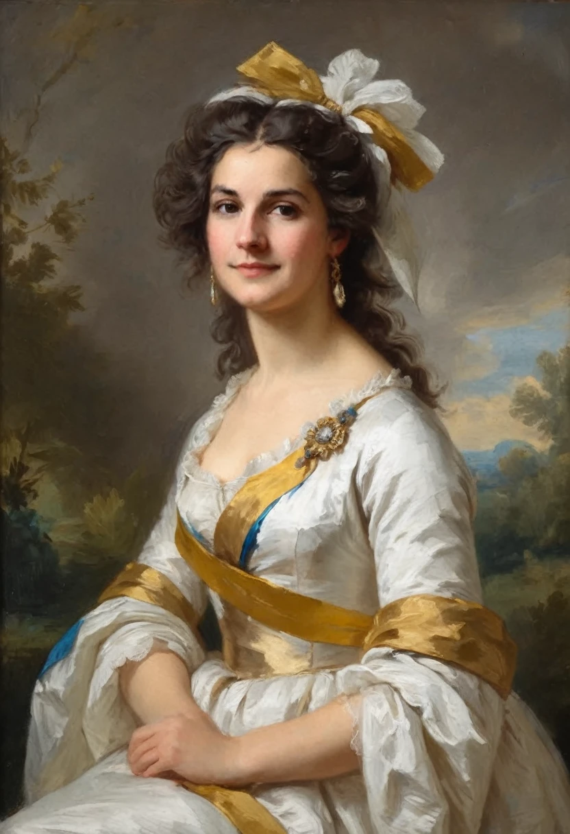 a painting of a woman in a white dress with a gold sash, adelaide labille - guiard, by Adélaïde Labille-Guiard, inspired by Adélaïde Labille-Guiard, by Jean-Marc Nattier, by Jean-François de Troy, by Charles-Amédée-Philippe van Loo