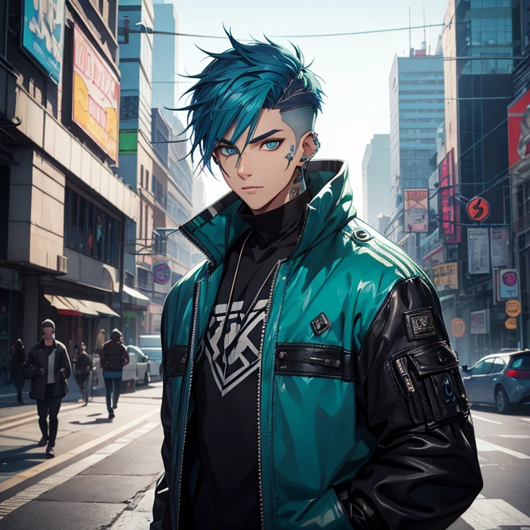 Young man, Blue cyberpunk hair in a wolf cut, green eyes, handsome, piercings, street style clothes
