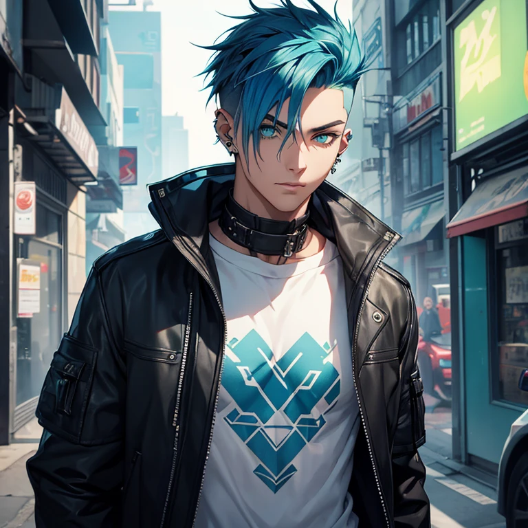 Young man, Blue cyberpunk hair in a wolf cut, green eyes, handsome, piercings, street style clothes
