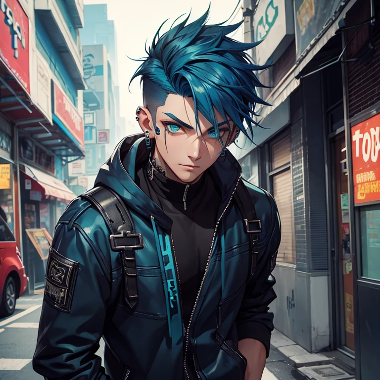 Young man, Blue cyberpunk hair in a wolf cut, green eyes, handsome, piercings, street style clothes