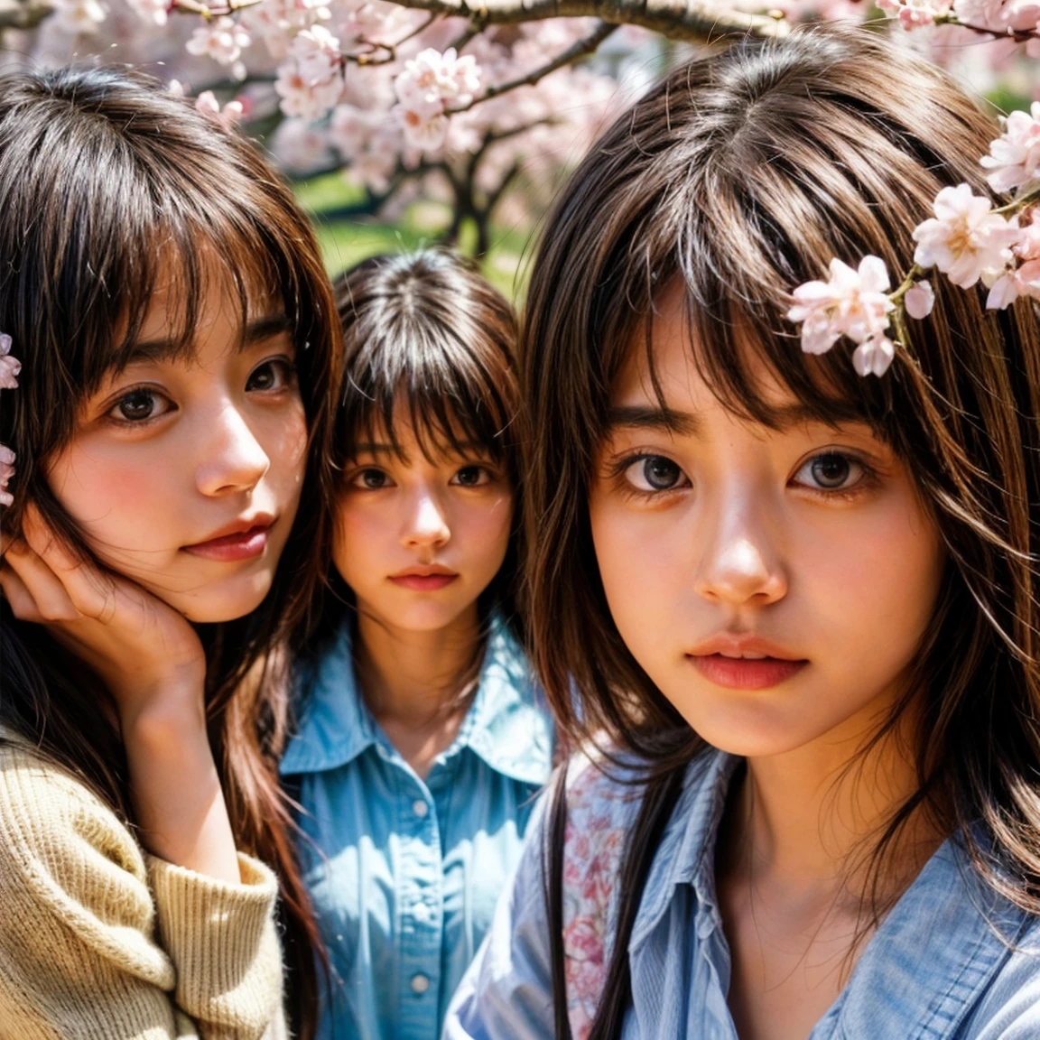 (Surrounding the camera、Panoramic group photo of female students looking down) . (Highest quality, High resolution, masterpiece, Realistic:1.2),(High resolution, Bright colors), Beautiful Face, Detailed facial features, take a picture, (close:1.3, View from below), Detailed Expression, Natural pose, Cherry blossom background with mist, Photon Mapping