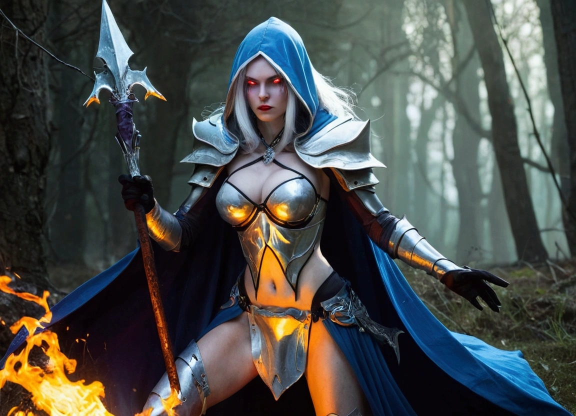 (HDR, 8k, masterpiece, intricate details), (((savage grace, beautiful elegant violence))), dancer of the boreal valley snow, prowling lithe long limbs, crawling slender knight, helm, weapons, highly detailed armor, glossy metal, metallic refraction, unsettling fluid movements, gossamer sheer fabric, see-through delicate veil, dark souls, bonfire, elf, Sylvanas Windrunner, long hair, silver hair, large breasts, looking at viewer, red eyes, cleavage, large breasts, white hair, choker, hood, cape, pointed ears, armor, lips, shiny, colored skin, goblin, blue skin, arrow, bikini armor, shoulder pads, undead, violet skin color. prowling slender lithe , mirror shine, ethereal lighting, wlop, obsidian armor, flaming blade, icy sword, holding weapons, unnaturally long limbs, ghostly wisps, liquid shimmer,