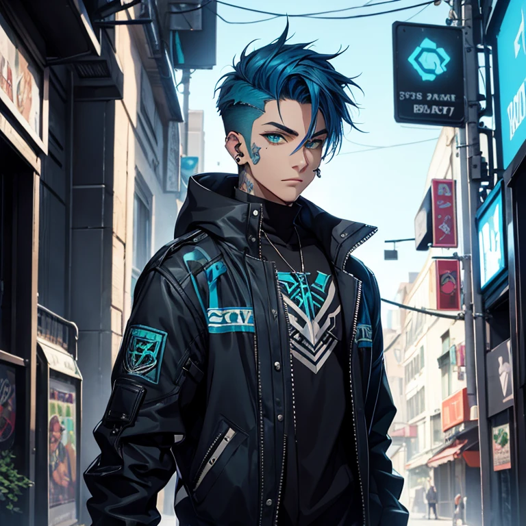 Young man, Blue cyberpunk hair in a wolf cut, green eyes, handsome, piercings, street style clothes