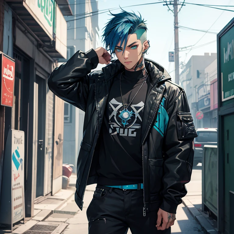 Young man, Blue cyberpunk hair in a wolf cut, green eyes, handsome, piercings, street style clothes