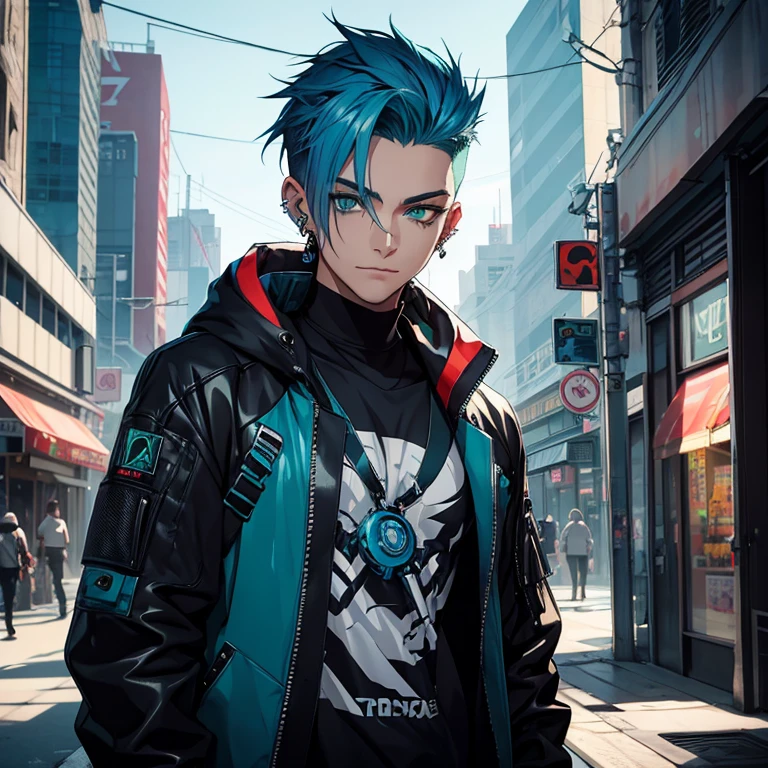 Young man, Blue cyberpunk hair in a wolf cut, green eyes, handsome, piercings, street style clothes