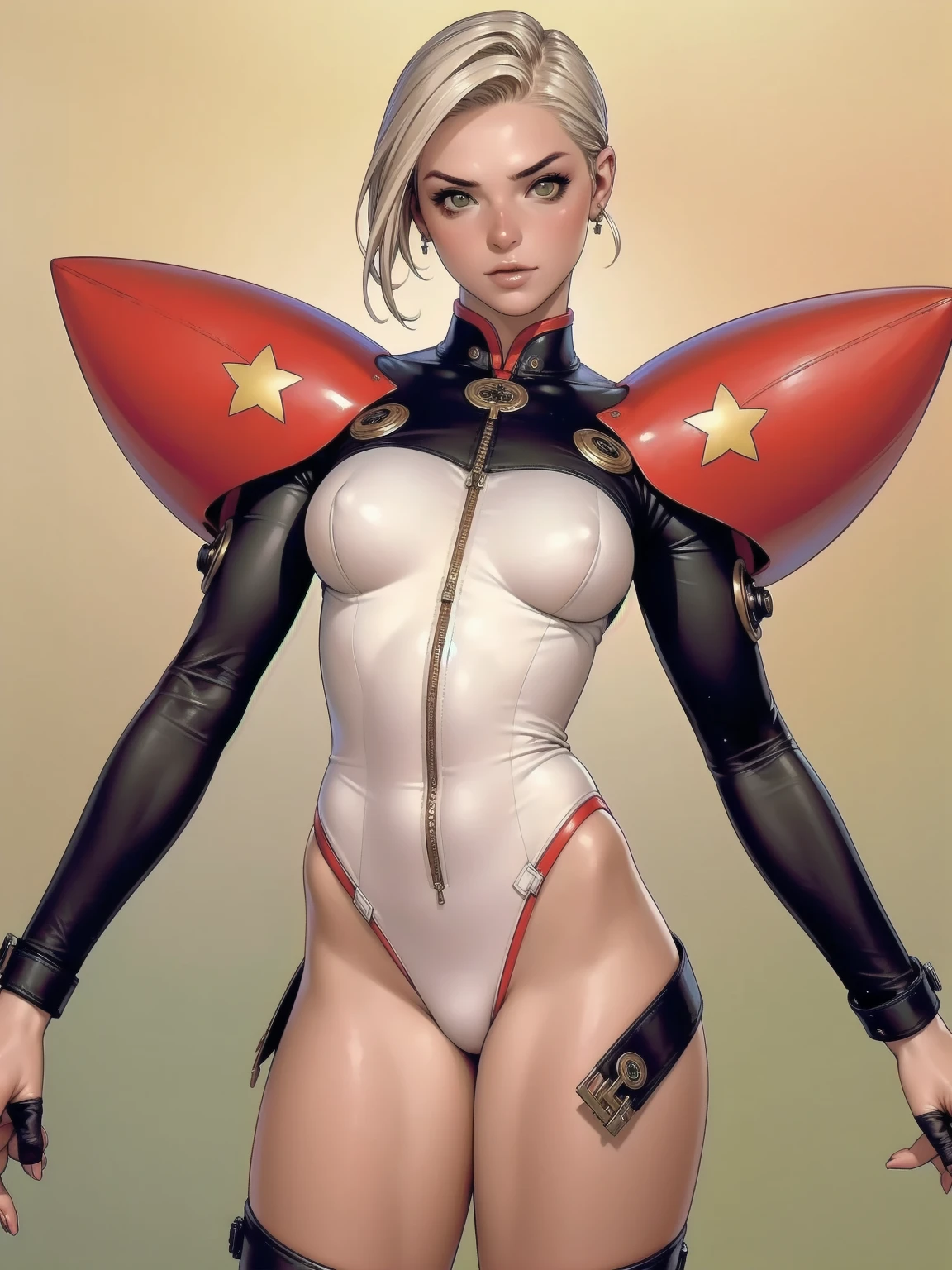 (((with your back to the viewer))), (((best qualityer))), (((perfectbody))), (((1girl))), (((Annie Lennox))), ((( back view ))), (((perfect ass))), (((symbols of the Soviet Union))), (((90% RED SUIT))), (((Yellow stars))), (((hair shaved on the sides))), ((high collar)), (((best qualityer: 1.4))), (Unbeatable masterpiece), (hiper HD),(CG 8k hyper-realistic), (((short cut hair style))), (((breasts big))), (((hyper feminine))), sexly girl, Tron,（(super short white hair)), ((( sculptural body ))), (((1 girl))), garota cibernética de 25 anos com perfectbody,,Beautiful and well-groomed face,muscular body:1.2,gradient color detailed jacket, (Head to thigh photos)， Complex equipment, green dark，Long pants, (((standing alone))), pirralha violent, (((14歳))), sexly, pose de atitude, work of art, post-apocalypse, (((manga style))), bounty hunter, violent, Manic, the way you want, slenderbody, thin but strong, perfectbody, roupa moderna, advanced technology, neon, sleeves with vertical striped pattern, neutral background, (( cowboy shot )). intricate visual