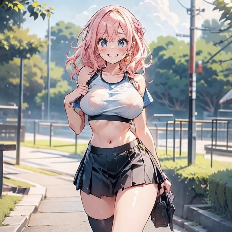 Anime Kawaii sexly Perfect Slim sensual body large breast and huge thighs, An intricate and highly detailed illustration of anime (Young girl) breasts big，Lop，sports attire，bra，clavicle，へそ，，a skirt，smiling, sweetheart, sexly :1.2)(Clean the skin)(glad)][(clothes inspired by &to quote;MINNIE&to quote;) , ILLUSTRATION FOR CHILDREN , clean backdrop]
