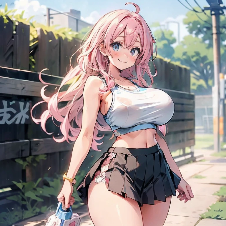 Anime Kawaii sexly Perfect Slim sensual body large breast and huge thighs, An intricate and highly detailed illustration of anime (Young girl) breasts big，Lop，sports attire，bra，clavicle，へそ，，a skirt，smiling, sweetheart, sexly :1.2)(Clean the skin)(glad)][(clothes inspired by &to quote;MINNIE&to quote;) , ILLUSTRATION FOR CHILDREN , clean backdrop]