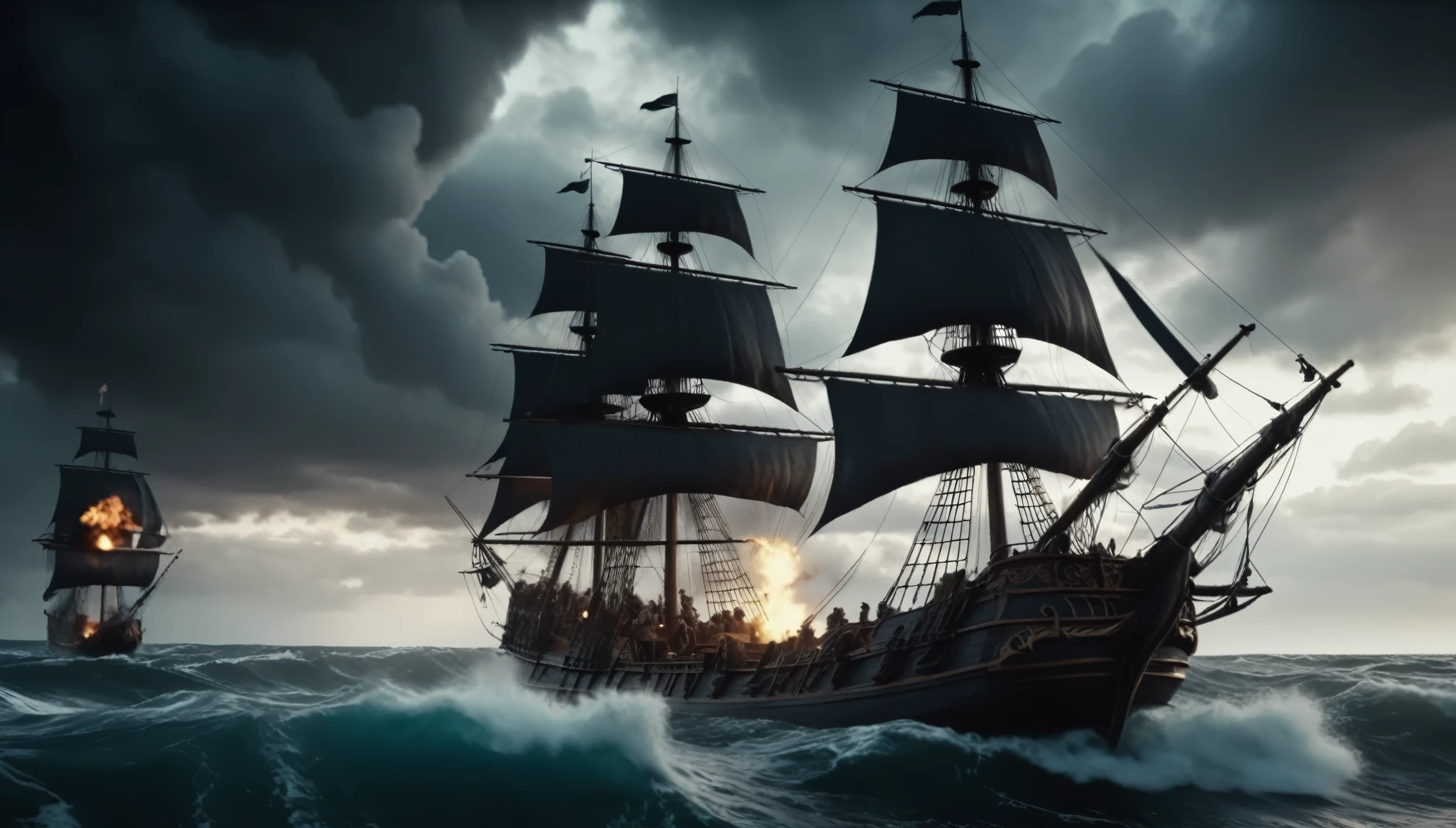  pirates fighting with swords and cannons, explosions, gunsmoke, intense battle scene, dramatic cloudy sky, massive waves, detailed wooden ship with sails, cinematic lighting, moody color palette, muted tones, (best quality,4k,8k,highres,masterpiece:1.2),ultra-detailed,dramatic composition,epic scale,cinematic perspective