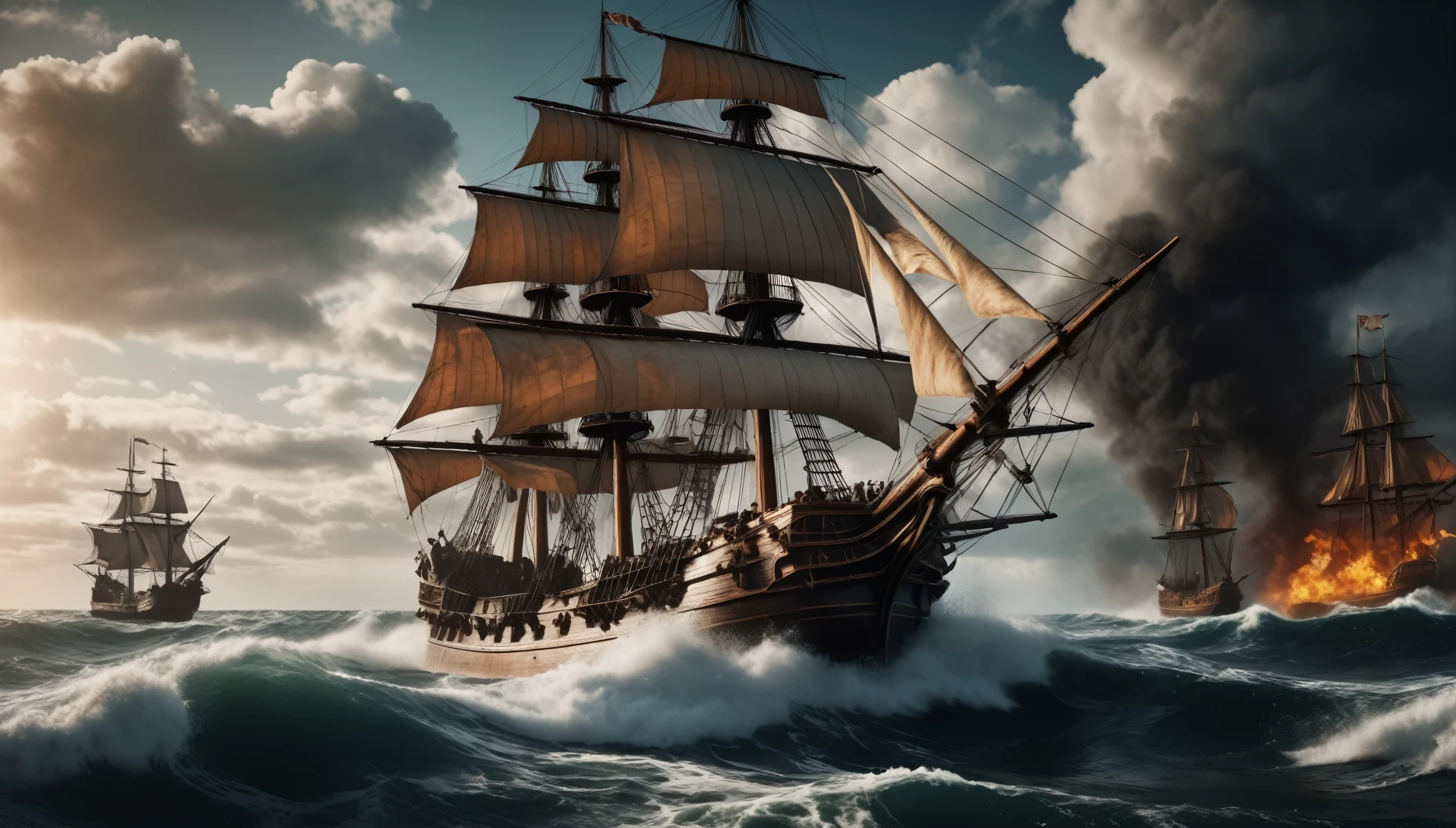 pirates fighting with swords and cannons, explosions, gunsmoke, intense battle scene, dramatic cloudy sky, massive waves, detailed wooden ship with sails, cinematic lighting, moody color palette, muted tones, (best quality,4k,8k,highres,masterpiece:1.2),ultra-detailed,dramatic composition,epic scale,cinematic perspective