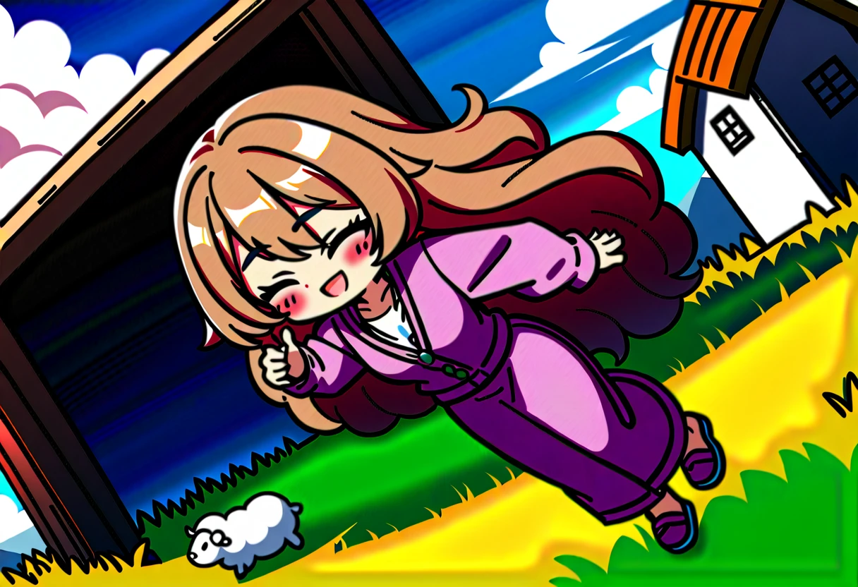 masterpiece, Highest quality, 8k, ((Detailed pixel art, Detailed)), Vivid, woman, 若いwoman, smile, cute, Directed at an angle, Open your mouth, Fluffy hair, Long Hair, Hair like sheep's hair, Pink Hair, eyebrow, 太いeyebrow, one piece, Pink clothes, Long skirt, cardigan, 水色のcardigan, shoes, 茶色いshoes, ((A very large sheep:1.3, 羊にwomanがもたれかかる:1.2)), grassland
