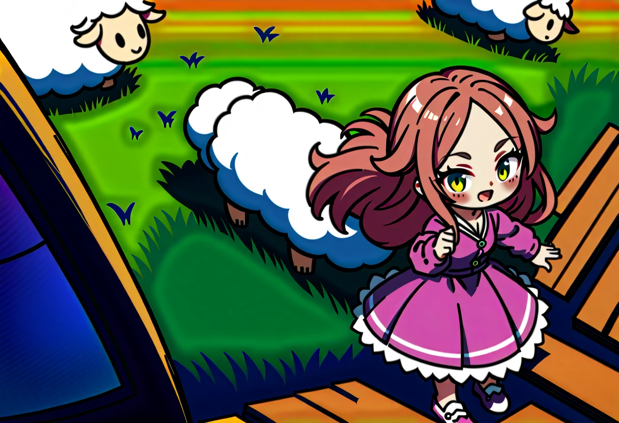 masterpiece, Highest quality, 8k, ((Detailed pixel art, Detailed)), Vivid, woman, 若いwoman, smile, cute, Directed at an angle, Open your mouth, Fluffy hair, Long Hair, Hair like sheep's hair, Pink Hair, eyebrow, 太いeyebrow, one piece, Pink clothes, Long skirt, cardigan, 水色のcardigan, shoes, 茶色いshoes, ((A very large sheep:1.3, 羊にwomanがもたれかかる:1.2)), grassland
