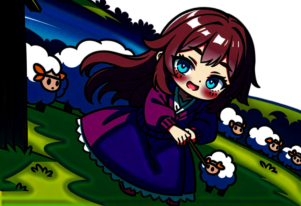 masterpiece, Highest quality, 8k, ((Detailed pixel art, Detailed)), Vivid, woman, 若いwoman, smile, cute, Directed at an angle, Open your mouth, Fluffy hair, Long Hair, Hair like sheep's hair, Pink Hair, eyebrow, 太いeyebrow, one piece, Pink clothes, Long skirt, cardigan, 水色のcardigan, shoes, 茶色いshoes, ((A very large sheep:1.3, 羊にwomanがもたれかかる:1.2)), grassland
