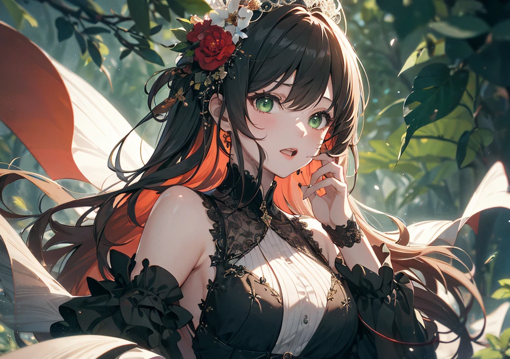 Realistic photos, Focus distance 10mm, Red and white, Beautiful girl, Realistic photos, Shooting at focus distance 10mm, masterpiece, 最high quality, high quality, Very detailed CG 8k wallpaper unit, Award-winning photography, Depth of written boundary, High resolution, bloom, chromatic aberration, Realistic, Very detailed, Art Station Trends, CGsociety Trends, Complex, High detail, dramatic, Art on the go, volumetric lighting, theme: Fantasy Singer
Character: A beautiful girl in a beautiful black and green dress, singing opera
Background: A fantasy forest with a vague shadow-like presence in the background
Facial Expressions: Emotional facial expression, intense eyes
Hair style: Long black, wavy hair
Special note: diva is singing