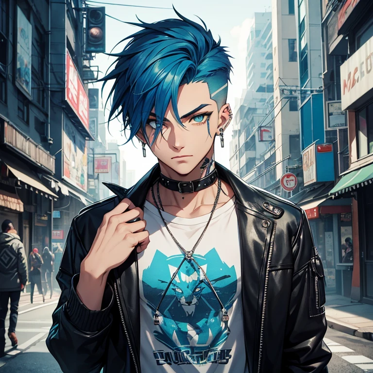 Young man, Blue cyberpunk hair in a wolf cut, green eyes, handsome, piercings, street style clothes, blue tiger shirt
