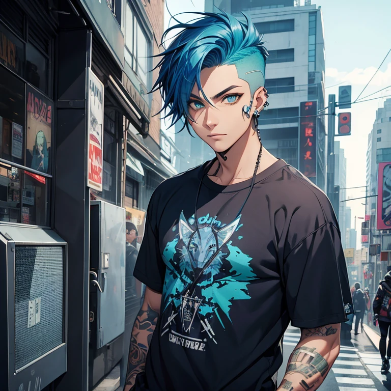 Young man, Blue cyberpunk hair in a wolf cut, green eyes, handsome, piercings, street style clothes, blue tiger shirt