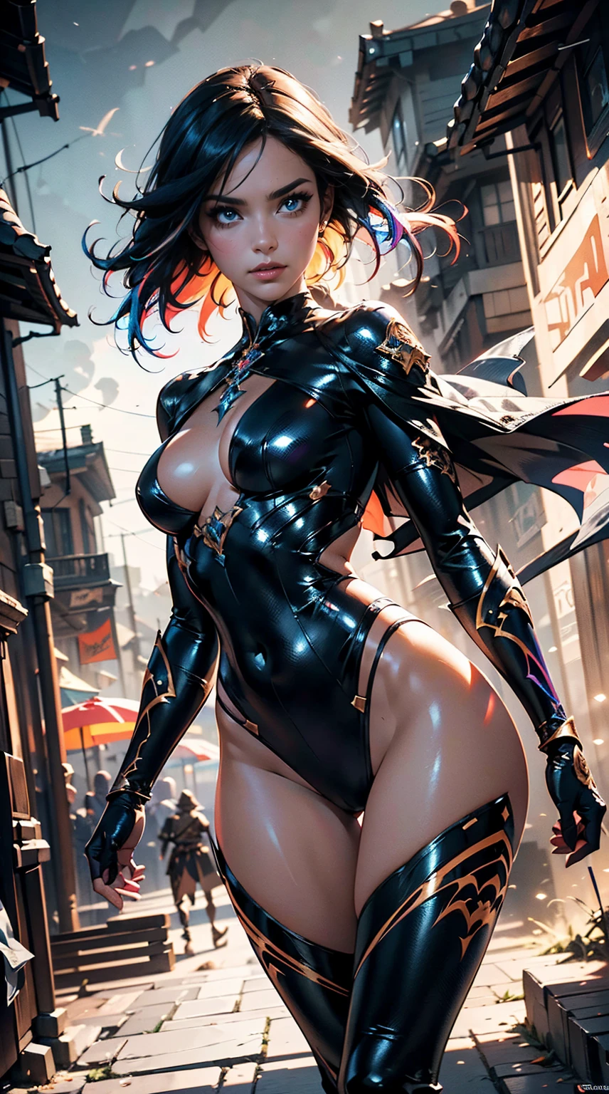 dnd character, Ominous figure in human form, Humanoid, sheer bodystockings, Detailed features, Detailed facial features, small detailed, busty, curvy hips, sheer bodystockings, (full bodyesbian:1.2), (Colorful:1.3), (actionpose), 4K, Intricate, Masterpiece, Digital painting, Detailed, (Depth of field:1.2), Global illumination, (greg rutkovsky(Greg Rutkowski)and Roossils(Rossdraws)and WLOP's artwork)