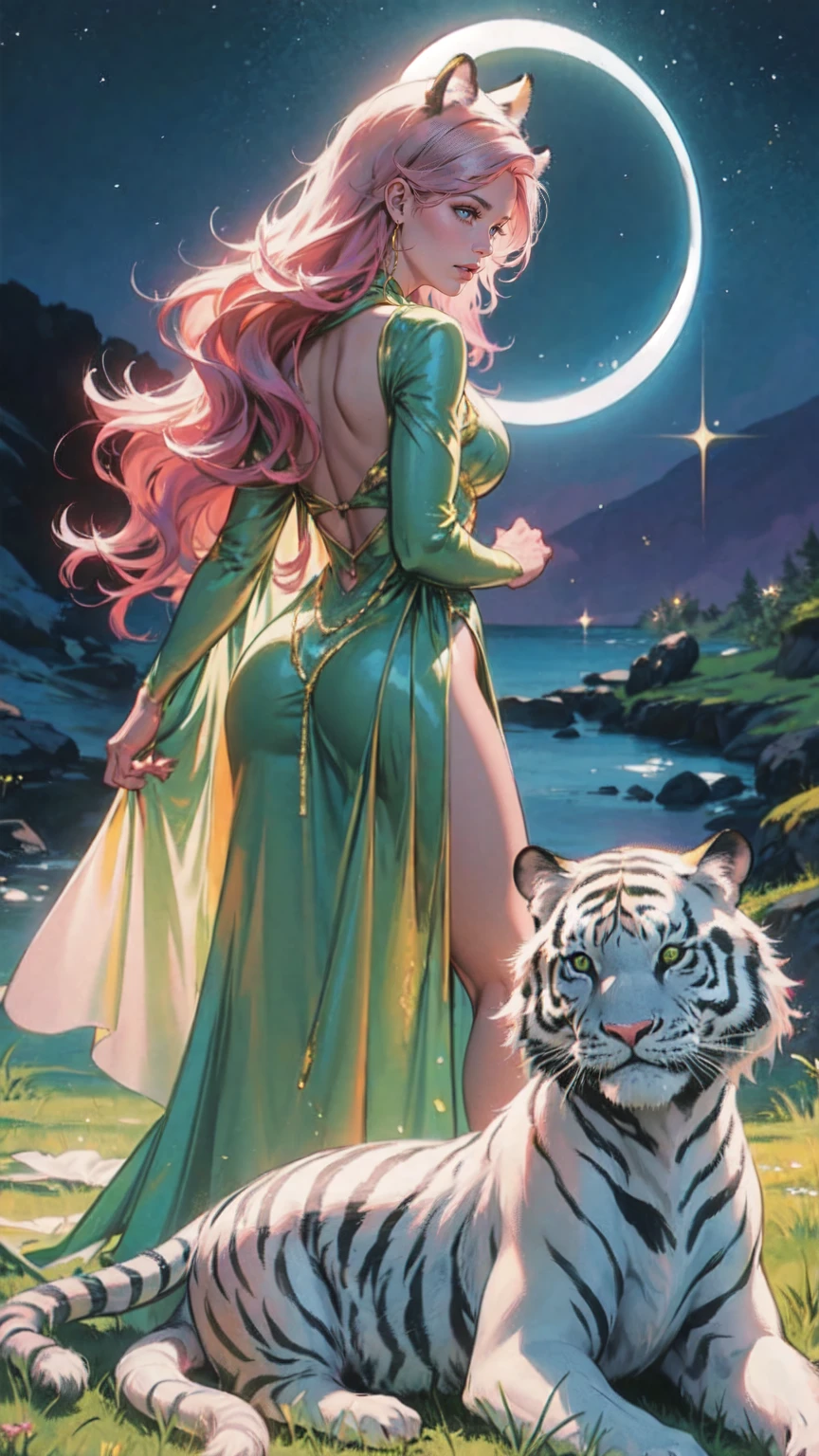 masterpiece, view from behind the girl, girl with glowing metallic hair standing looking at a giant white tiger,   long dress, green and pink dress, a giant white tiger, majestic, glowing eyes, beautiful beauty solemn, around the tiger there is a sparkling biological halo, vast, vast landscape, crescent moon, wind, mythology, perfect composition, meticulous details, many details