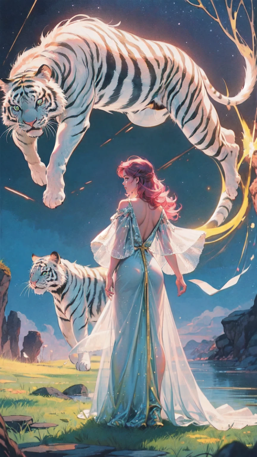 masterpiece, view from behind the girl, girl with glowing metallic hair standing looking at a giant white tiger,   long dress, green and pink dress, a giant white tiger, majestic, glowing eyes, beautiful beauty solemn, around the tiger there is a sparkling biological halo, vast, vast landscape, crescent moon, wind, mythology, perfect composition, meticulous details, many details