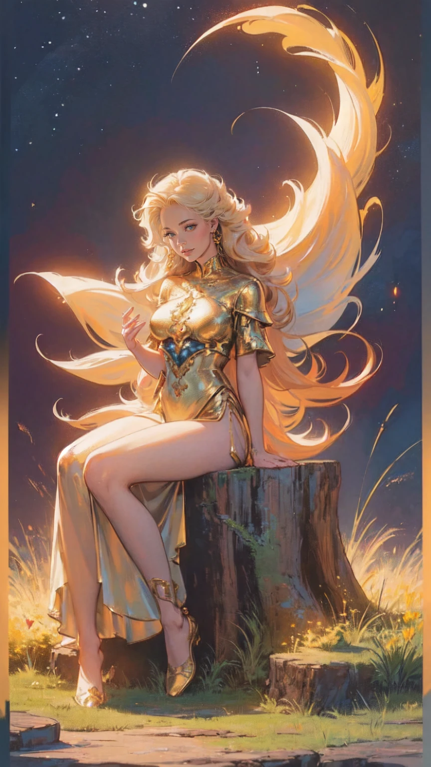 (​masterpiece、top-quality、top-quality、Official art、Beautifully Aesthetic:1.2)、(1girl in)、ighly detailed、(Fractal Art:1.3)、colourfull、highestdetailed　Golden Nine Tail Fox　Golden background　Soft smile　breasts are large　Soft expression　A smile　full body Esbian　Sitting on the inner thigh　Gold Light