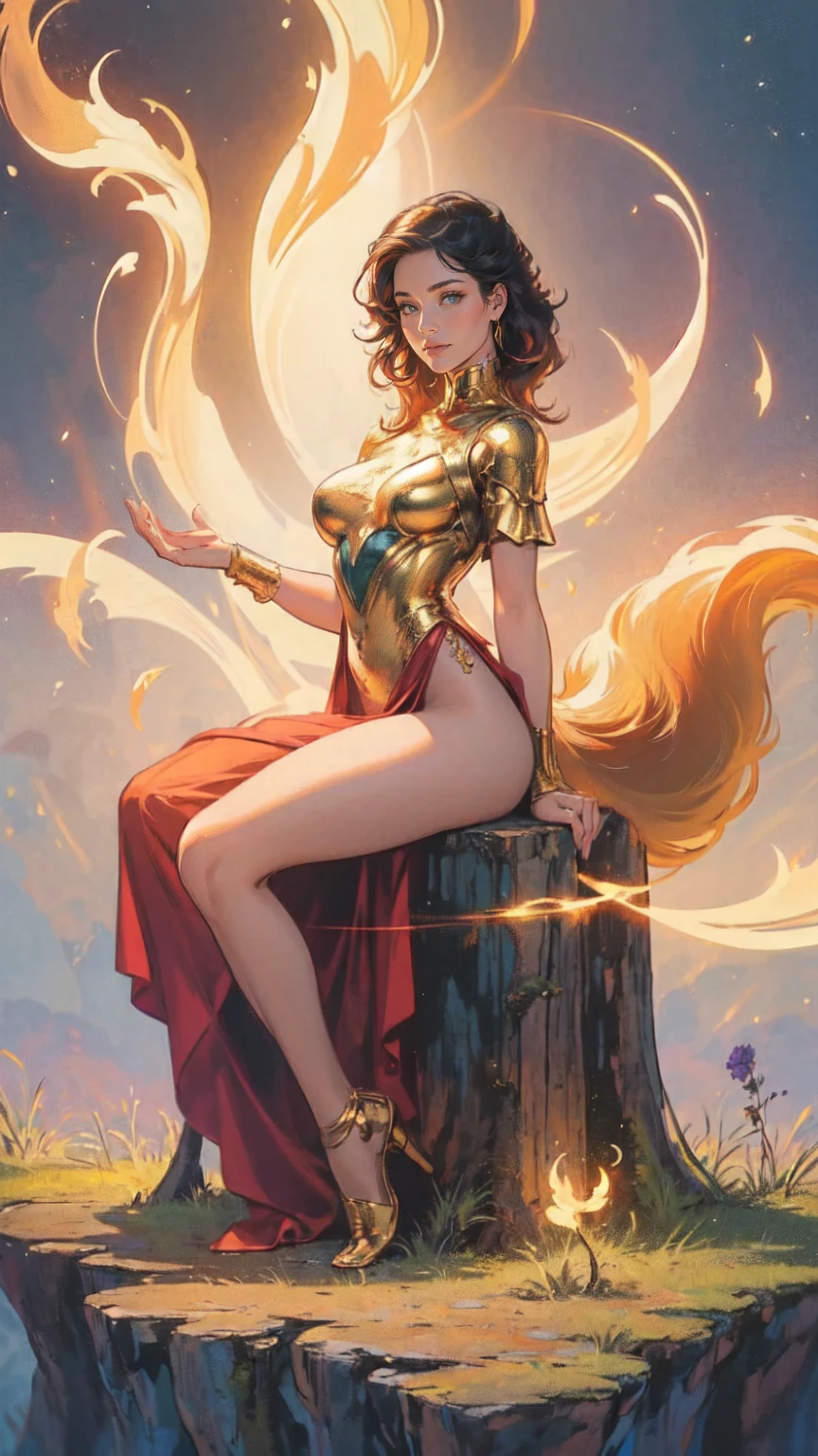 (​masterpiece、top-quality、top-quality、Official art、Beautifully Aesthetic:1.2)、(1girl in)、ighly detailed、(Fractal Art:1.3)、colourfull、highestdetailed　Golden Nine Tail Fox　Golden background　Soft smile　breasts are large　Soft expression　A smile　full body Esbian　Sitting on the inner thigh　Gold Light