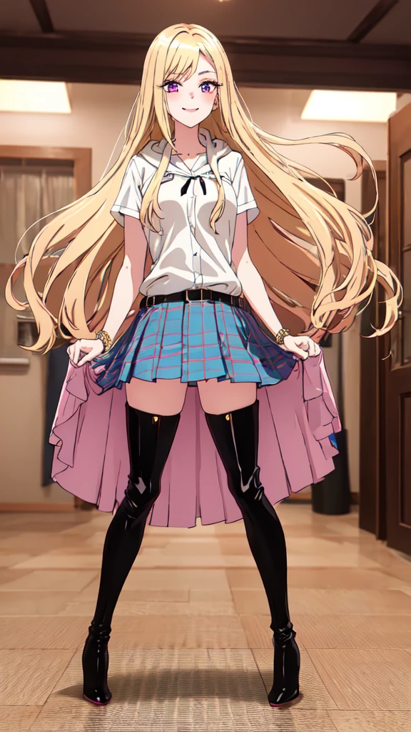 1 girl, great view, detailing, 
blonde hair, shiny figure, Pink eyes, manicure, full length, plaid skirt, I am hooded, bracelets, black thigh-high boots, heels, room, night, lamps are on, nice smile, long hair, Thin legs, 8k, 
aesthetics of privacy, clear frame, 