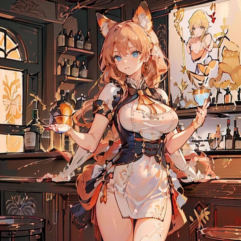 Anime Kawaii sexy Perfect Slim sensual body large breast and huge thighs, An intricate and highly detailed illustration of anime (Young girl) (((work of art))), (((highest quallity))), ((ultra detali)), ((super fine illustration)), ((ultra-fine painting)), (Papel de parede da highest quallity 16K:1.4), (trunk:1.6), HDR, (highy detailed and delicate illustration style:1.8), Detailed texture skin, detailed cloth texture, extremely detailed description, (Masterpiece T), (highy detailed face:1.4), (highy detailed red fox ears:1.2), (highy detailed (golden brown:1.4) Braid:1.2), (highy detailed blue eyes:1.2), original, CRU photo, proffesional, details Intricate, super details, (Perfect Anatomia:1.4), (highy detailed hands:1.2), (highy detailed fingers:1.2), (highy detailed fingertips:1.2), (27 year old), (standing alone:1.6), ((A beautiful and attractive (red fox) Female model:1.4)) curb (Beautiful and adorable red fox ears:1.6), (highy detailed and delicate red fox ears:1.2), (Large, beautiful and well-shaped breasts:1.2), (Beautiful, well-shaped buttocks), (Beautiful and shiny (golden brown:1.25) Braid:1.6), (highy detailed and delicate (golden brown:1.4) Braid:1.2), (Beautiful, clear blue eyes:1.6), (highy detailed and delicate blue eyes:1.2), (highy detailed face:1.4), (ssmile:1.3), (blush:1.2), (looking ahead at viewer:1.4) curb (She is wearing a sophisticated black and white short-sleeved bartender uniform:1.4) curb ((A sophisticated BAR in the background:1.4), A drinks shelf filled with bottles of high-quality whiskey and cognac:1.4, bar counter:1.4) curb