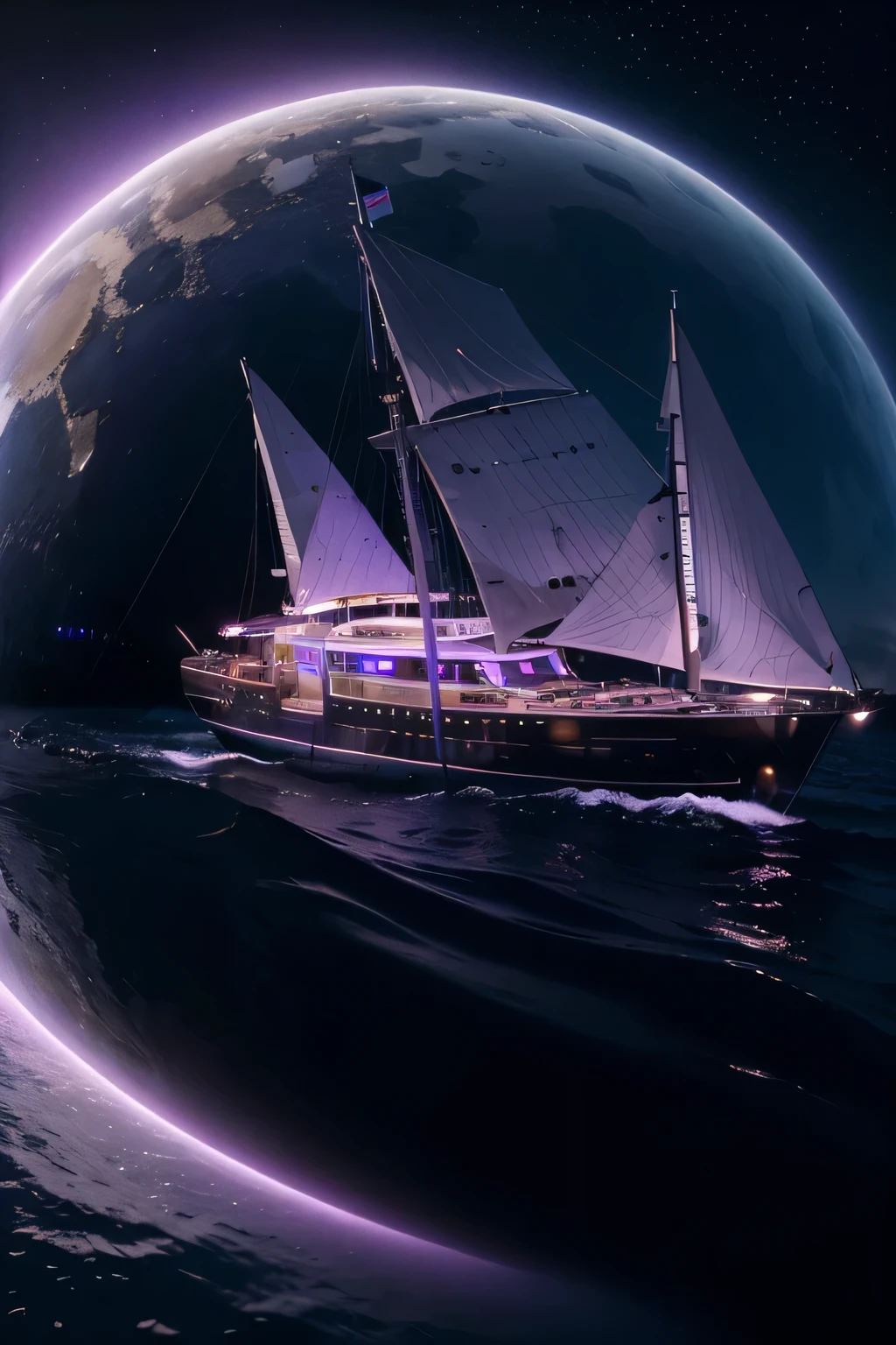 Créer moi un bateaux futuriste dans océan violet dans un univers blockchain de réseaux sociaux